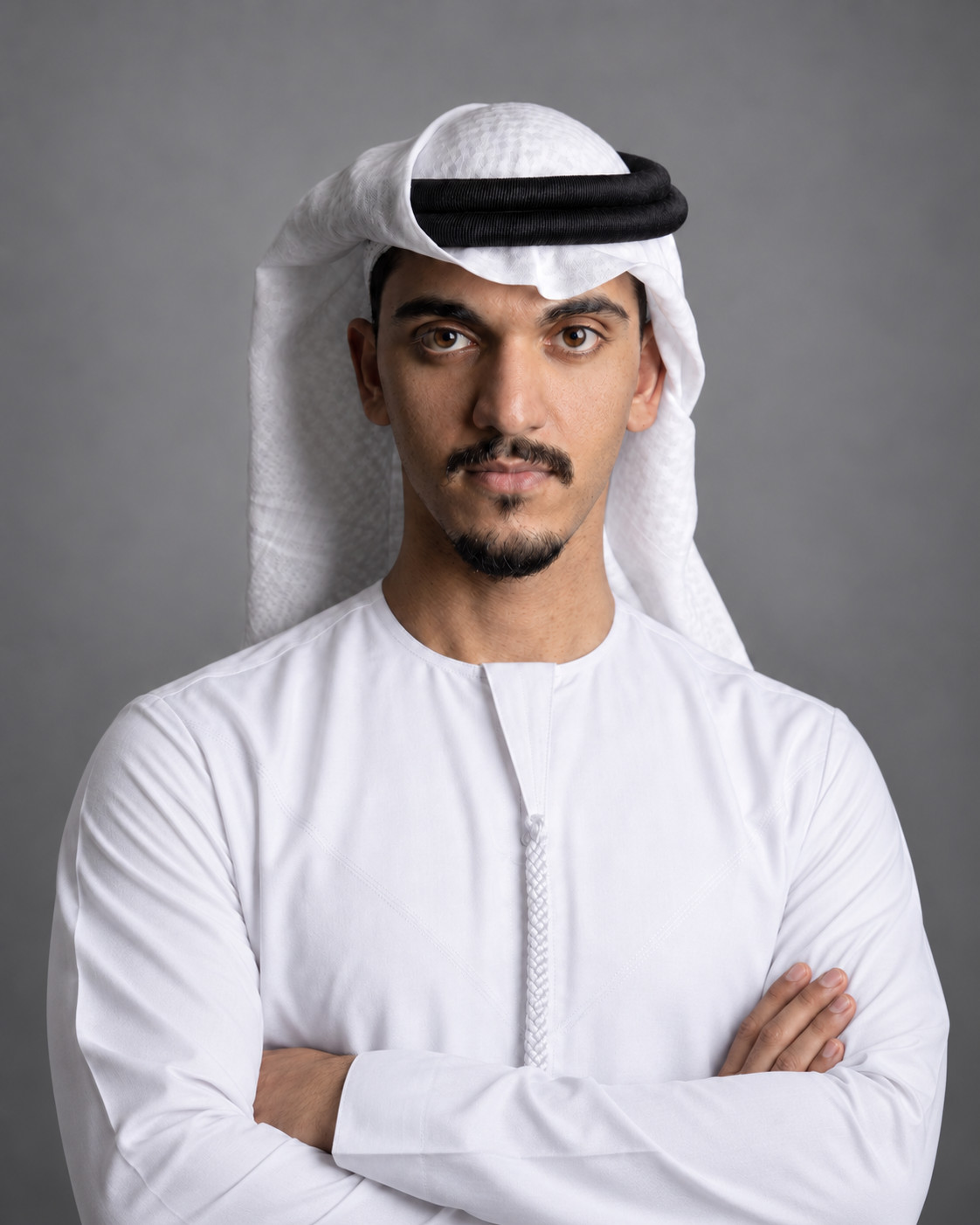 Colour portrait of Ali Al Nowais in a white kandura and ghutra