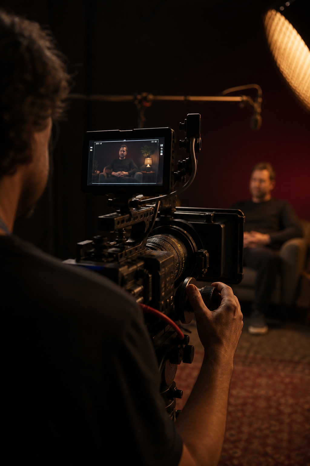 A generic studio interview framed through a professional cinema camera in an original EquiFilms editorial study.