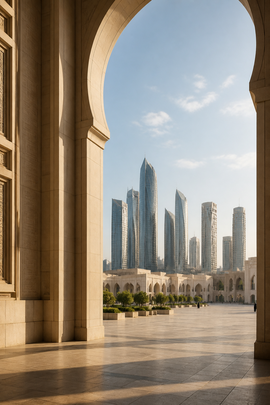 An original architectural editorial view inspired by Abu Dhabi, with a contemporary skyline framed by regional stone geometry.