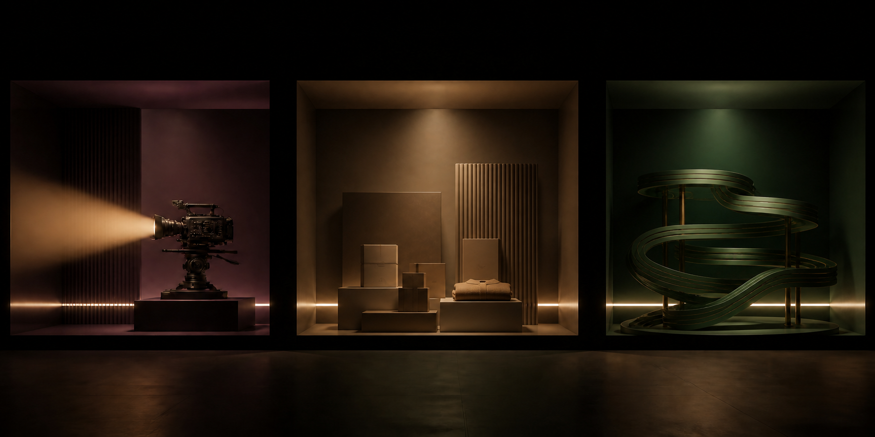 Three plum, green, and bronze gallery installations representing film production, security and resilience planning, and brand ownership and management.