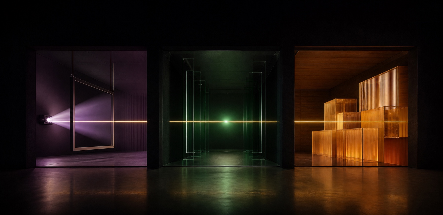 Three violet, green, and amber architectural portals connected by one continuous gold line.